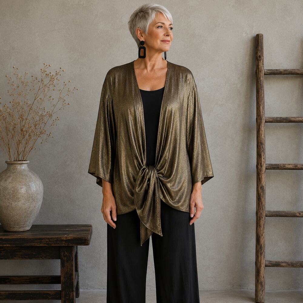 Chico's  Gold Bronze Travelers Kimono Tie Front Kimono 0